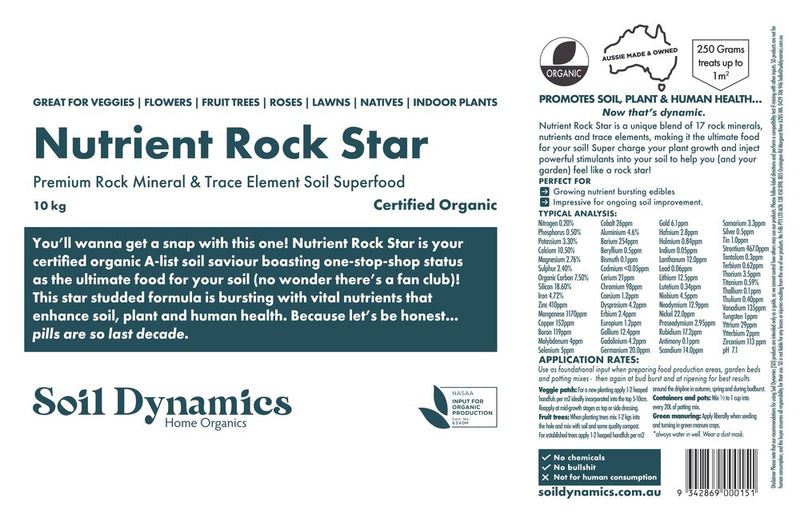 Nutrient Rock Star- Ultimate food for the Soil -  Broad Spectrum fertiliser that remineralises the soil - 10kg treats up to 40 sqm