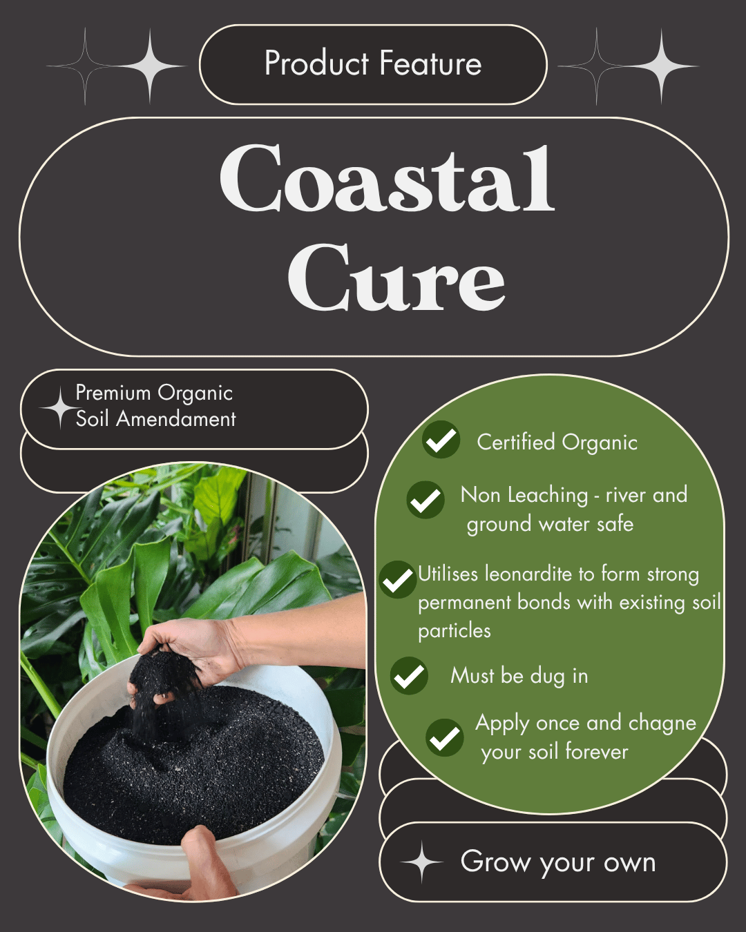 A promotional graphic for Coastal Cure soil amendment on a dark charcoal background