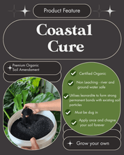 A promotional graphic for Coastal Cure soil amendment on a dark charcoal background