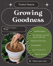 A promotional graphic for 'Growing Goodness' premium organic NPK fertilizer.
