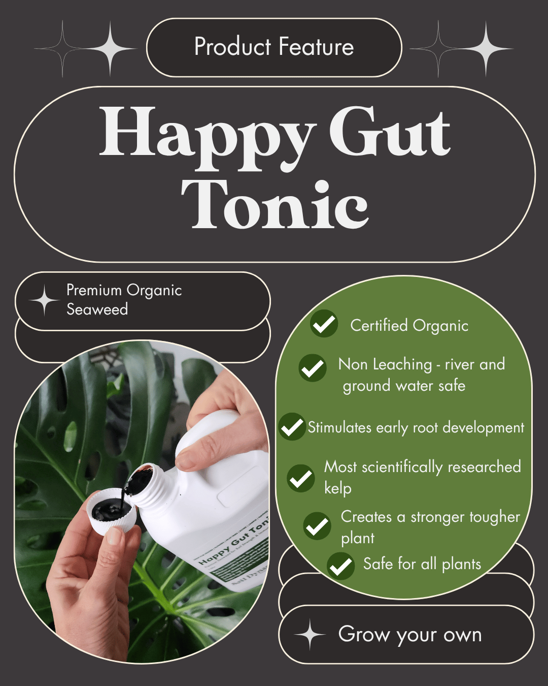 Product feature graphic for Happy Gut Tonic, showing a white bottle being opened over a green plant, with text highlighting premium organic seaweed, certified organic status, non-leaching quality, and benefits for root development and plant health.