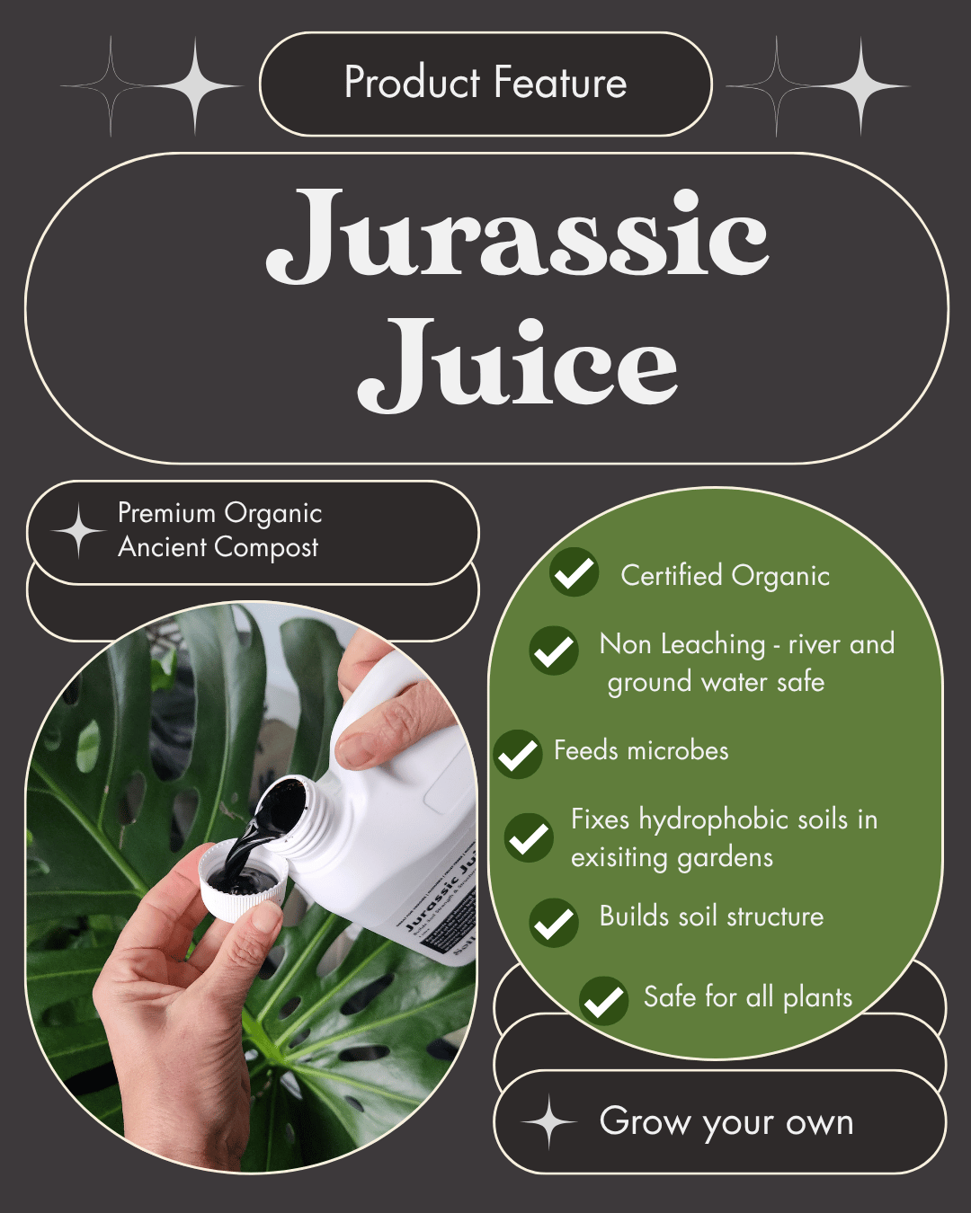 Product feature graphic for 'Jurassic Juice' premium organic ancient compost.