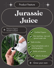 Product feature graphic for 'Jurassic Juice' premium organic ancient compost.